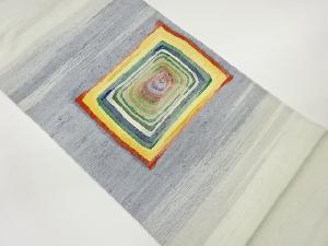 手織り紬すくい織抽象四角模様織出し洒落袋帯